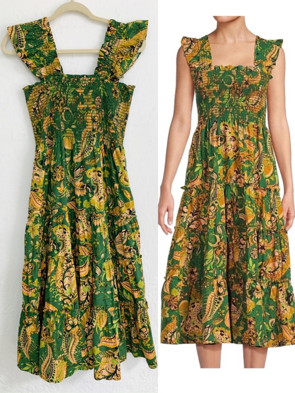 Kourt Flutter Sleeve Smocked Tiered Cotton Midi Dress Tropical Print Sz M